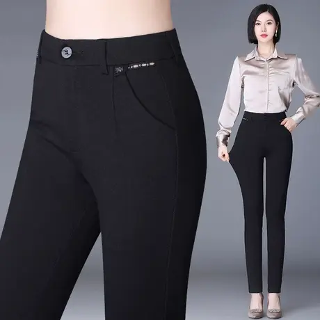 裤子女春秋休闲裤大码弹力显瘦中年妈妈裤秋季黑色西裤直筒裤长裤商品大图