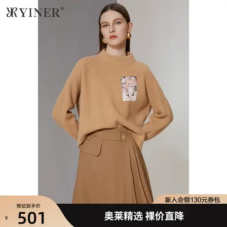 YINER音儿女装冬季新款贴布绣高领纯羊毛针织衫商品大图