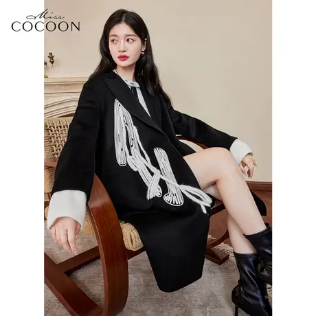 MISSCOCOON黑色羊毛大衣女2022新款冬装大码宽松时尚设计毛呢外套商品大图