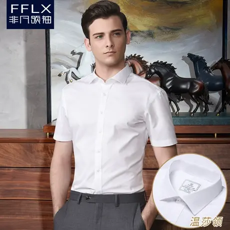 非凡领袖商务正装白衬衣夏季修身免烫一字领温莎领衬衫男短袖商品大图