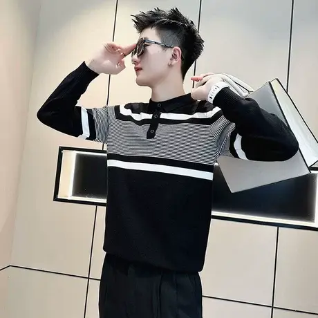 轻熟风秋冬季条纹设计POLO衫毛衣男ins潮韩版休闲翻领毛线针织衫商品大图