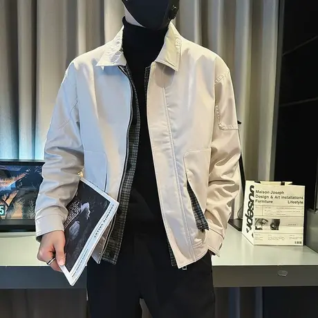 潮牌个性拼接假两件外套秋季男修身百搭休闲ins工装学生夹克上衣商品大图