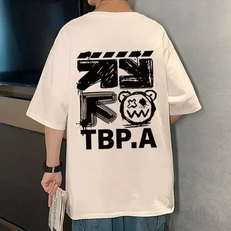 美式高街短袖t恤男ins潮流夏季重磅纯棉情侣装小熊涂鸦印花上衣服商品大图