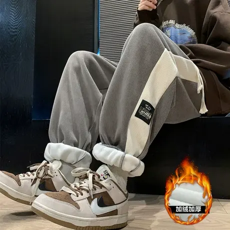 侧边拼色休闲裤男春秋款加绒加厚束脚阔腿宽松灯芯绒雪尼尔长裤子商品大图