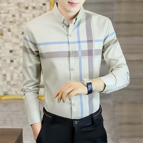 男士长袖衬衫春秋季潮流高端设计感格子男装2023新款免烫条纹衬衣商品大图