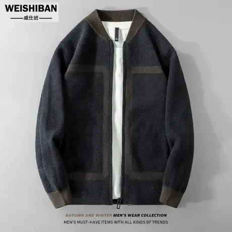 2022冬季新款提花撞色开衫拉链毛衣男士宽松慵懒风针织棒球领外套商品大图