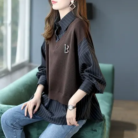 宝诗黎假两件格子条纹拼接针织衫女秋季2023新款时尚宽松长袖上衣商品大图