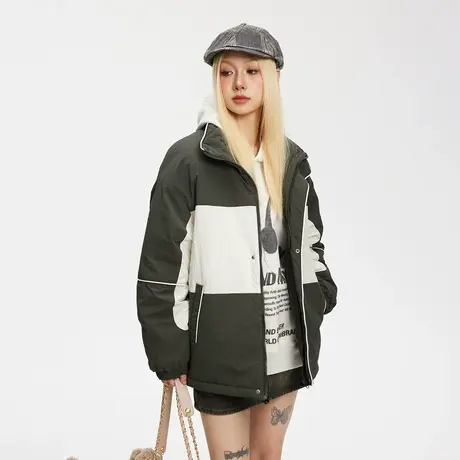 复古潮牌拼立领棉服女冬季加厚外套2023年新款美式宽松情侣装棉衣商品大图