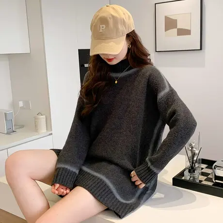 半高领中长毛衣女秋冬季2023年新款宽松慵懒风洋气针织衫上衣加厚商品大图