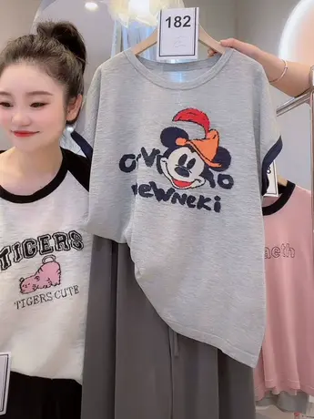 可爱米奇短袖t恤女夏韩版宽松圆领纯色设计感减龄百搭半袖上衣洋图片