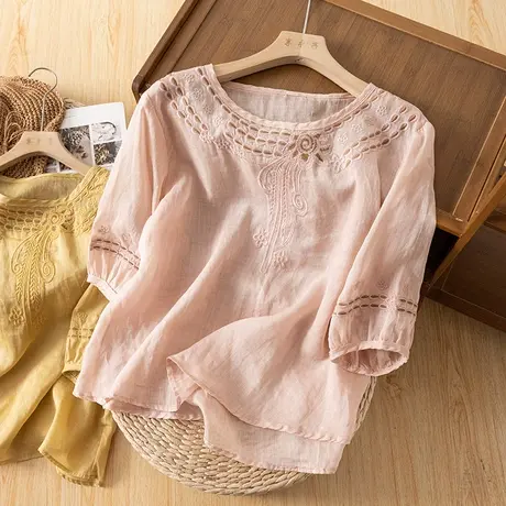 享永子七分袖苎麻上衣女夏文艺复古棉麻小衫刺绣宽松气质2024新款商品大图