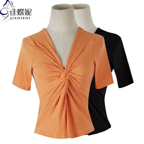 春夏新韩版纯棉修身显瘦纯色简约V领打结皱褶中袖体恤上衣半袖女商品大图