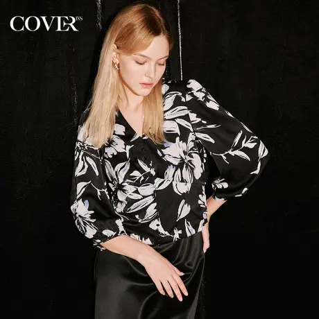 COVER秋季印花打揽手工捏褶短衬衫图片
