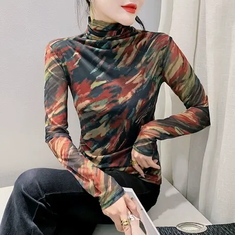 性感半高领T恤女长袖个性扎染印花时尚减龄打底衫洋气修身小衫图片