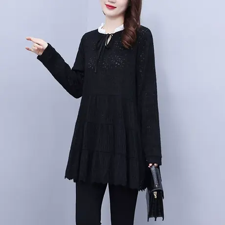 大码女装中长款2023秋装新款长袖蕾丝衫女遮肚显瘦减龄宽松打底衫商品大图