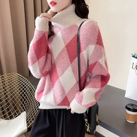 2023冬季新款水貂绒加厚毛衣针织衫高领拼色针织打底衫内搭上衣女商品大图