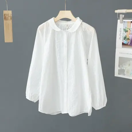 法式温柔风纯棉白色衬衫女长袖小娃娃领刺绣小衫宽松上衣气质衬衣商品大图