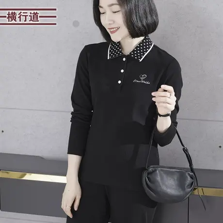 简约圆点POLO领绣花撞色长袖T恤女2024春季新款上衣服大码女装图片