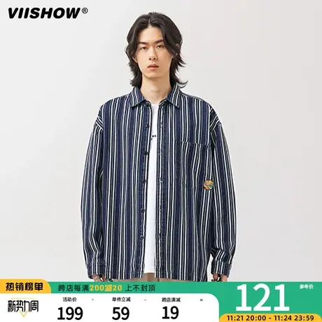 VIISHOW日系复古条纹长袖衬衫男潮牌ins宽松休闲衬衣情侣外套上衣商品大图