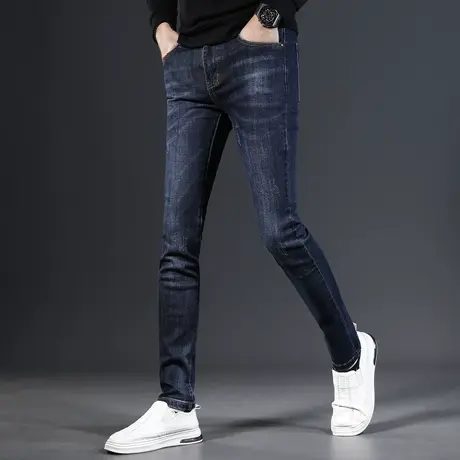 高端深蓝牛仔裤男秋冬款修身小脚裤2023新款后袋刺绣弹力男士裤子商品大图
