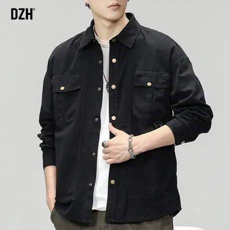 男士黑色工装衬衫男长袖秋季2024年新款纯棉衬衣外套美式复古上衣商品大图