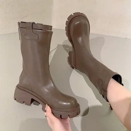 永希长筒靴女2023年秋冬新款欧美时尚帅气皮带扣圆头厚底骑士靴潮图片