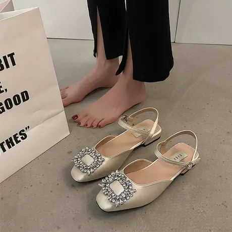 仙女风包头凉鞋2023年新款女夏季时尚百搭法式水钻方扣一字带单鞋商品大图