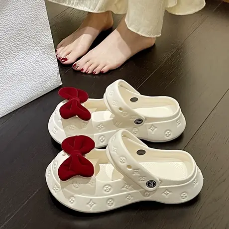 蝴蝶结洞洞鞋女夏季可爱两穿厚底踩屎感防滑凉鞋包头沙滩外穿拖鞋图片