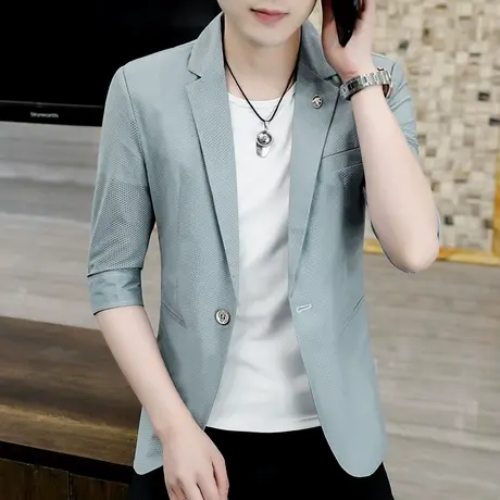 夏季七分袖休闲西装男士韩版防晒镂空外套中袖薄款潮牌纯色小西服图片