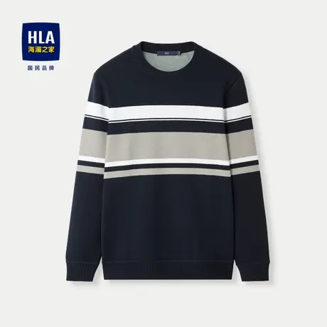 HLA/海澜之家条纹圆领长袖针织衫23秋冬新加绒加厚微弹套头上衣男图片