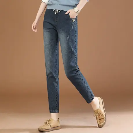 韩潮袭人复古松紧高腰直筒牛仔裤女2023新款秋装宽松显瘦哈伦裤子商品大图