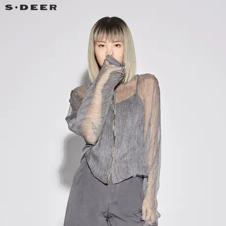 sdeer圣迪奥女雾灰肌理感绣线门襟蝙蝠款长袖衬衫S18280531图片