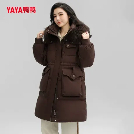 鸭鸭中长款羽绒服女2023冬季新品貉子毛领收腰显瘦保暖外套J图片