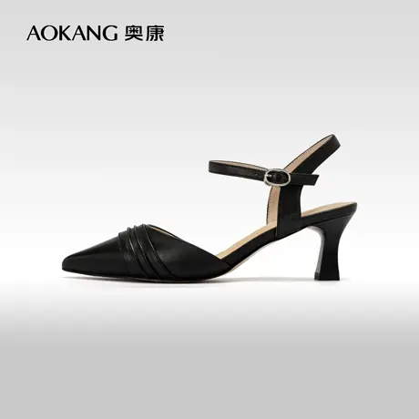 【中后空】奥康女鞋新款尖头包头高跟鞋简约时尚真皮凉鞋图片