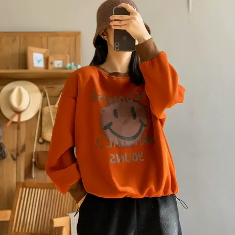 dza 复古加厚假两件笑脸加绒卫衣女秋冬外穿内搭叠穿宽松休闲上衣图片