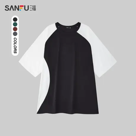 三福2024夏季男士重磅不对称拼色块短T恤 休闲圆领上衣481051商品大图