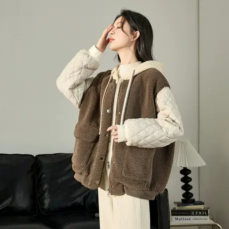 唐狮2023年秋冬新款棉衣女减龄拼接假两件仿羊羔毛加厚外套12.14图片