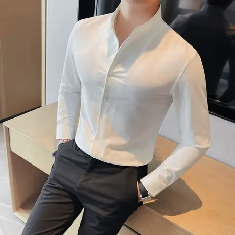 立领衬衫男长袖高级感商务小高领发型师纯色都市修身上衣休闲衬衣商品大图