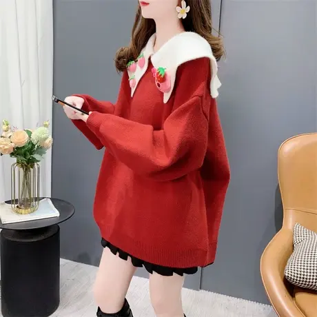 圣诞草莓熊红色可爱娃娃领毛衣女秋冬2023年新款宽松氛围感针织衫图片