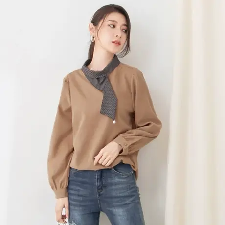 桔熊秋冬季通勤格子领巾拼接磨毛衫长袖上衣女胖妹妹大码AB14580商品大图