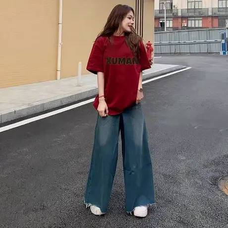 欧货潮牌短袖T恤女酒红色春秋季新款美式复古高街oversiz打底上衣商品大图