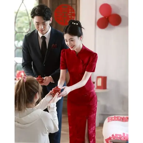 中式旗袍敬酒服2023新款新娘回门订婚礼服连衣裙出阁服秀禾服嫁衣商品大图