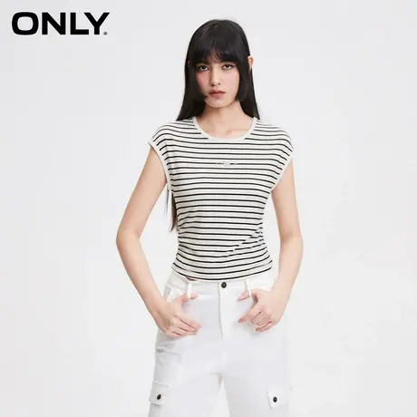 ONLY奥莱夏季休闲百搭撞色条纹显瘦捏褶圆领T恤女商品大图