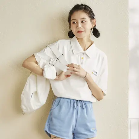 唐狮2022夏季新款短袖T恤女纯棉白色polo领上衣设计感小众衣服商品大图