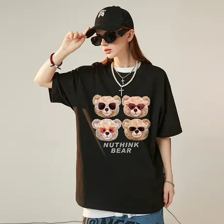 nuthink可爱欧美潮牌卡通小熊短袖T恤男潮ins中性大码半袖情侣装商品大图