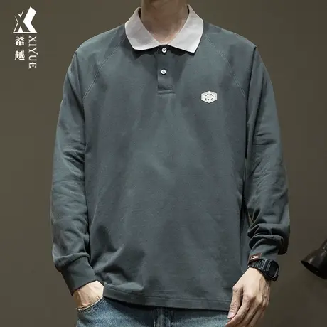 希越休闲纯棉POLO衫男2024春季新款美式长袖t恤男士宽松大码上衣商品大图