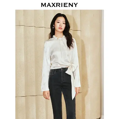 MAXRIENY国风新中式盘扣玉兰花衬衫24春款斜门襟绑带上衣修身显瘦图片