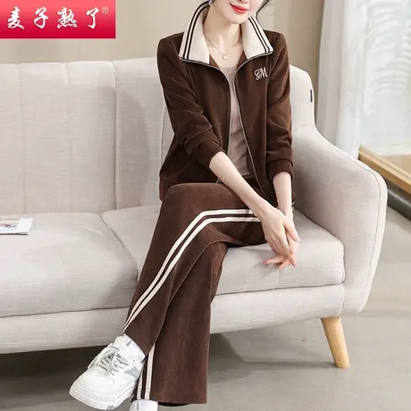 2024春季新款妈妈装灯芯绒休闲运动两件套装气质中老年女装秋上衣图片