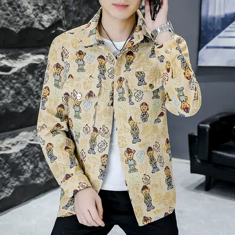 编织提花潮牌长袖衬衫外套男生韩版春装时髦宽松炸街薄款帅气夹克图片