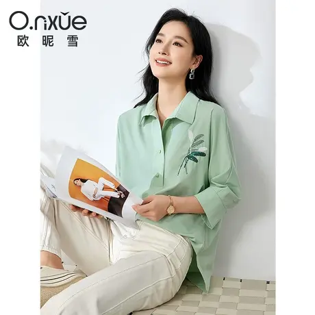 欧昵雪2024夏季新款衬衫女七分袖翻领宽松时尚开叉套头衬衣小衫商品大图